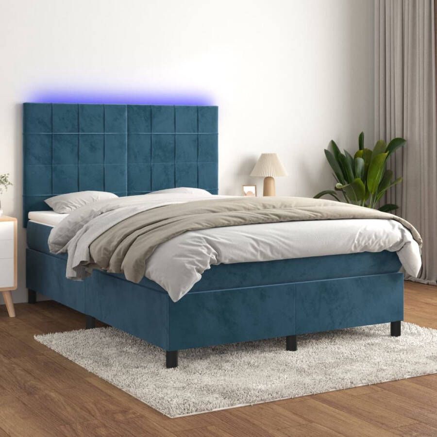 The Living Store Boxspring Dark Blue Velvet 193 x 144 x 118 128 cm LED Pocketvering Matras Huidvriendelijk Topmatras