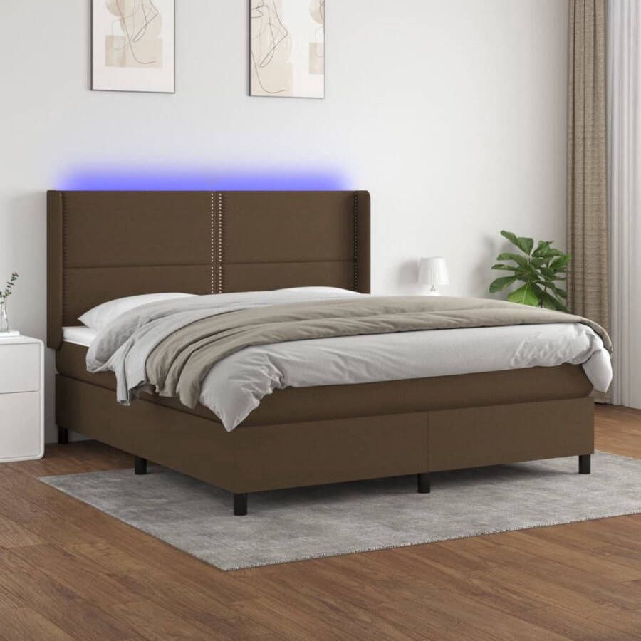 The Living Store Boxspring Dark Brown 203 x 163 x 118 128 cm LED Pocketvering Matras Huidvriendelijk Topmatras