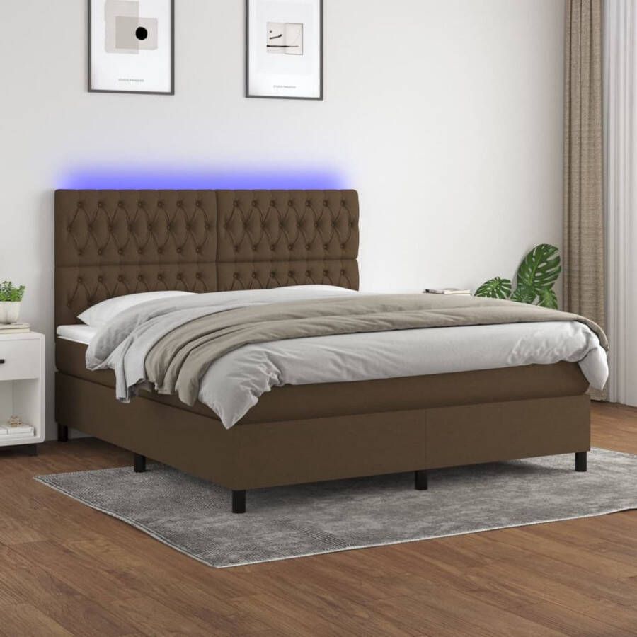 The Living Store Boxspring Dark Brown 203x160x118 128 cm LED Breathable Fabric