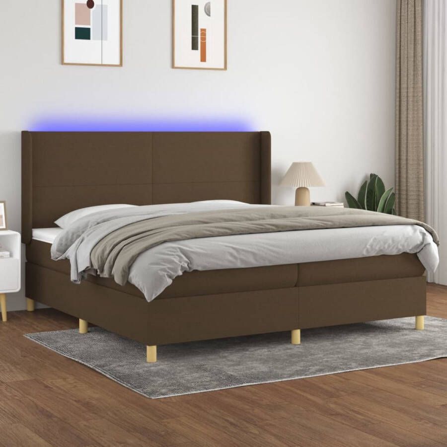 The Living Store Boxspring Dark Brown Pocket Spring Mattress Breathable Fabric Adjustable Headboard Colorful LED Lighting Skin-Friendly Topper USB Connection