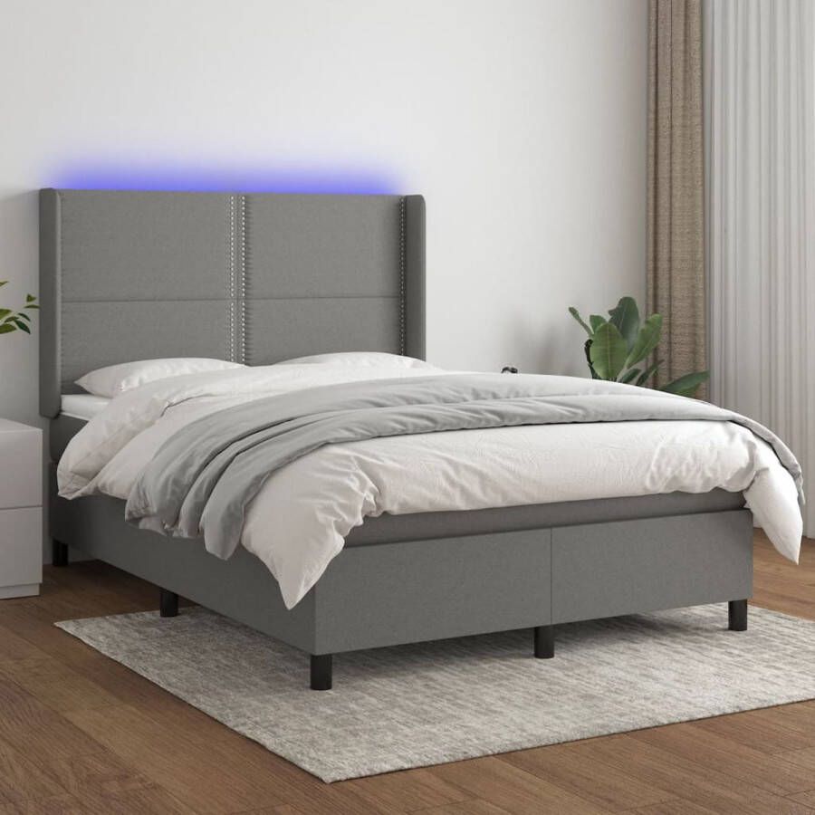 The Living Store Bed LED Boxspring 140x200 cm Donkergrijs Pocketvering en schuim Met verstelbaar hoofdbord Met kleurrijke LED-verlichting Inclusief matras en topmatras Huidvriendelijke stoffen hoes Montagehandleiding meegeleverd