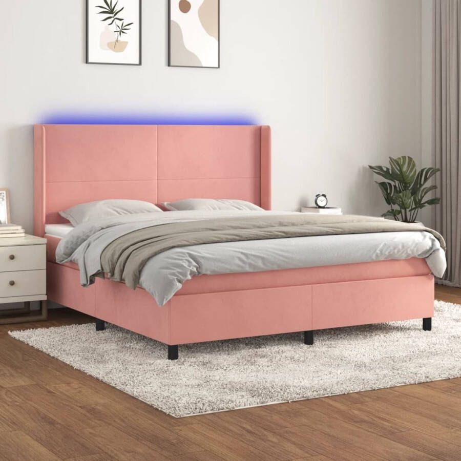 The Living Store Boxspring Dena Bedden 203x183 cm roze fluweel verstelbaar hoofdbord LED-verlichting