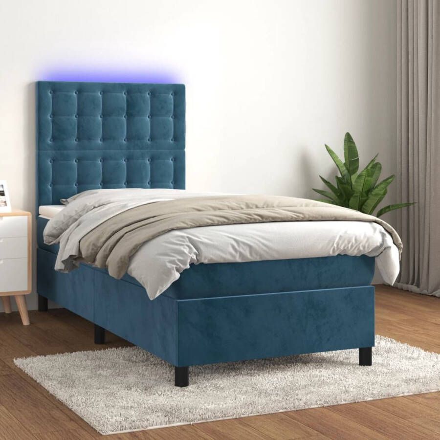 The Living Store Boxspring Donkerblauw 203x90x118 128 cm Fluweel Pocketvering LED Boxspring Donkere Kleuren Velvet Led Verlichting Tweepersoonsbed - Foto 2