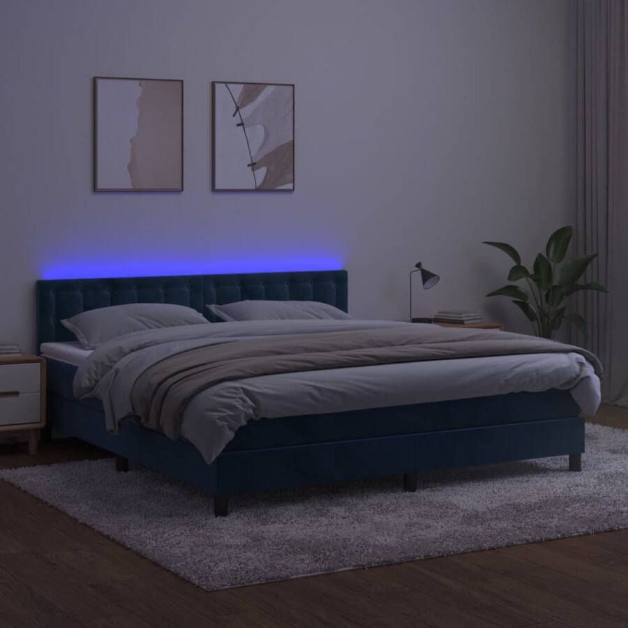 The Living Store Boxspring donkerblauw fluweel 203 x 180 x 78 88 cm verstelbaar hoofdbord LED-verlichting pocketvering matras huidvriendelijk topmatras