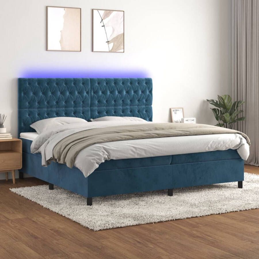 The Living Store Boxspring donkerblauw fluweel 203x200 LED pocketvering matras huidvriendelijk topmatras