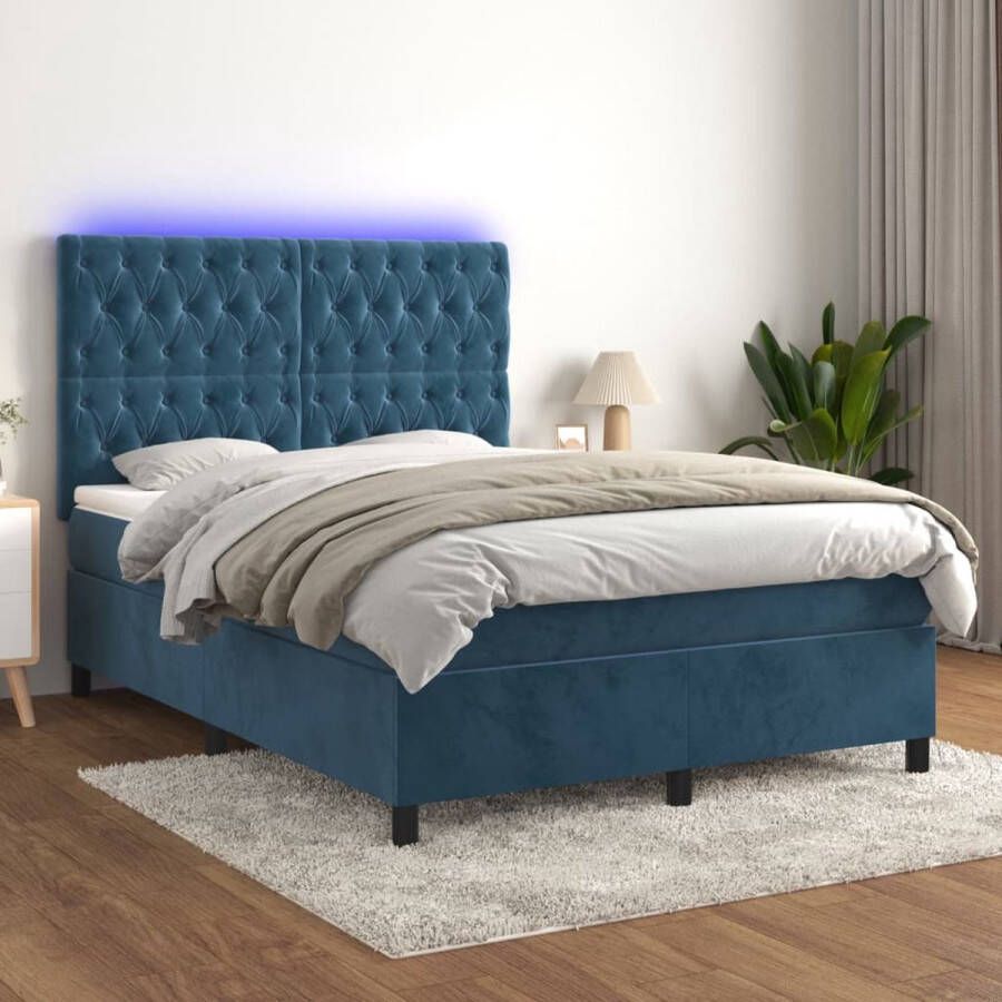 The Living Store Boxspring Donkerblauw Fluweel Pocketvering Matras Verstelbaar Hoofdbord Boxspring Donkere Kleuren Velvet Meubilair Led Lampen Tweepersoons Bed
