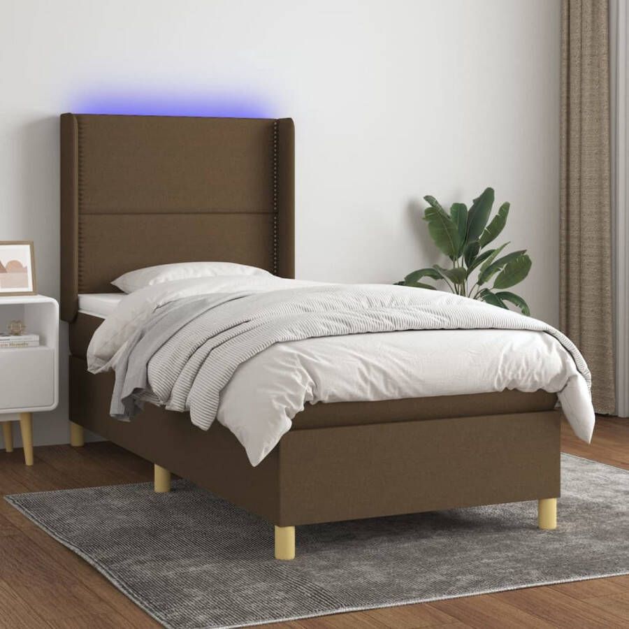 The Living Store Boxspring Donkerbruin 203x103x118 128 Met verstelbaar hoofdbord LED-verlichting Pocketvering matras Huidvriendelijk topmatras Boxspring Donkere Kleuren Lederlook Led Verlichting Elektrisch Verstelbare Hoofdbord