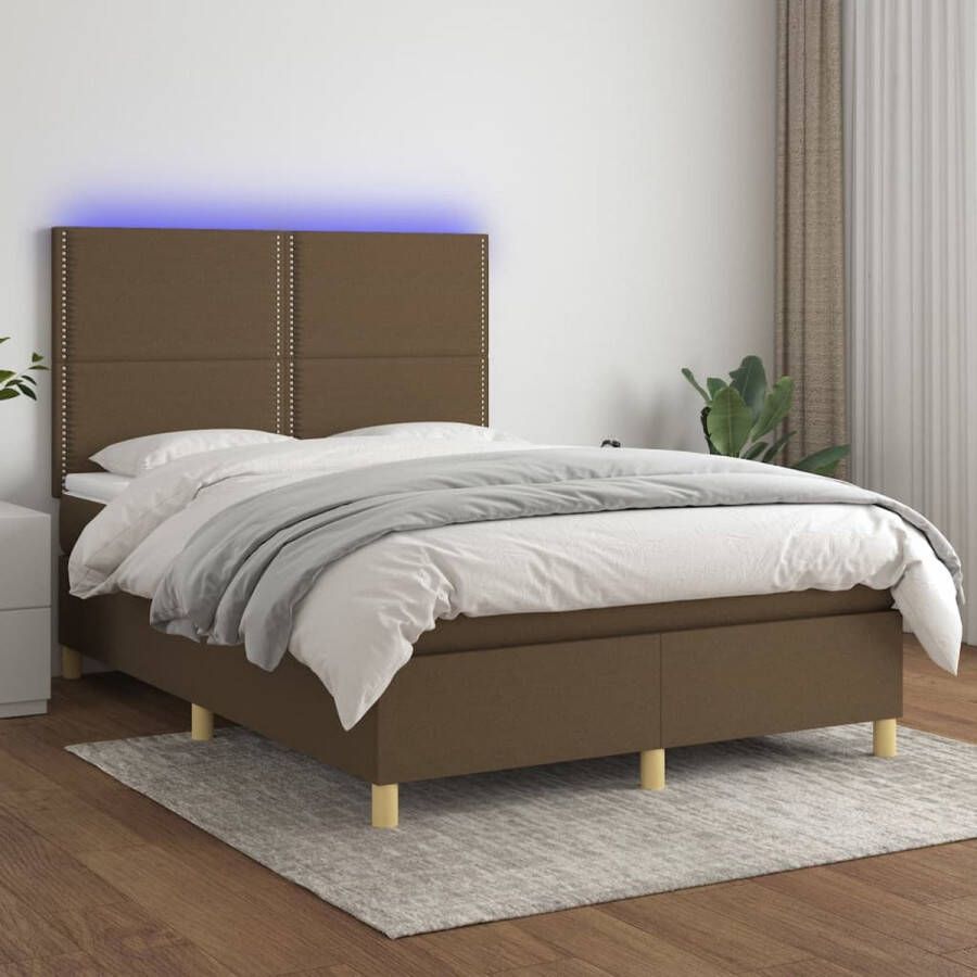 The Living Store Boxspring Donkerbruin 203x144x118 128cm LED Pocketvering Huidvriendelijk - Foto 1