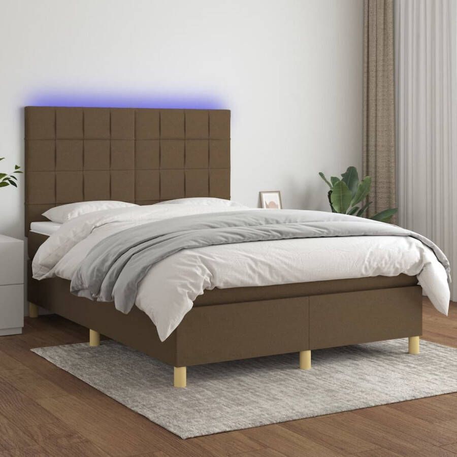 The Living Store Boxspring Donkerbruin 203x144x118 128cm LED Pocketvering matras 140x200x20cm Huidvriendelijk topmatras 140x200x5cm Met LED-strips