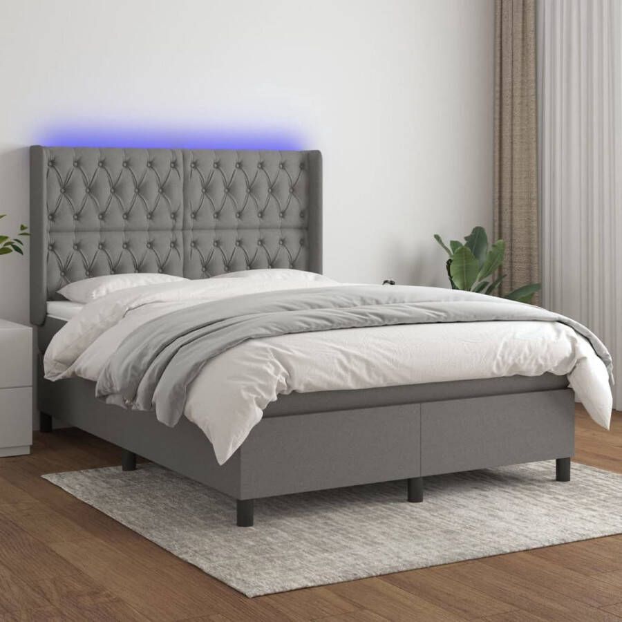 The Living Store Boxspring Donkergrijs 203x147x118 128 cm Pocketvering Matras 140x200 cm LED-Verlichting