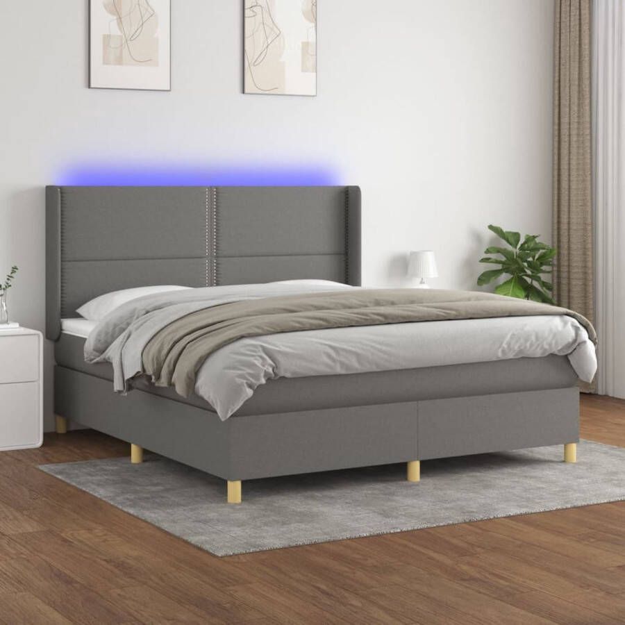 The Living Store Boxspring Donkergrijs 203x183 cm + Matras LED Verlichting Boxspring Donkere Kleuren Led Verlichting Slaapcomfort Hoofdboard