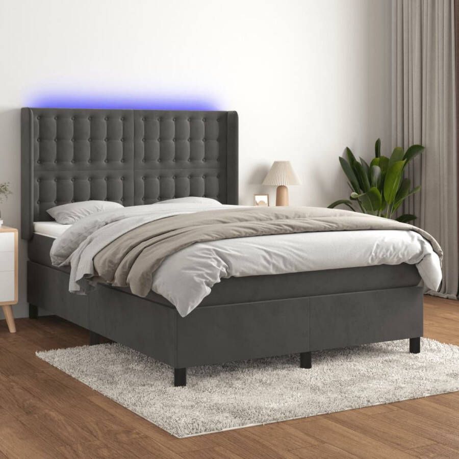 The Living Store Boxspring Donkergrijs fluweel 140 x 190 cm Met LED en pocketvering matras