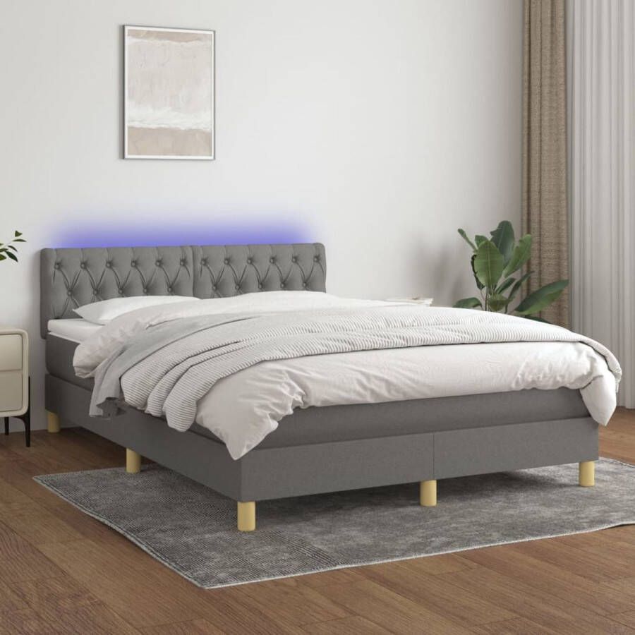 The Living Store Boxspring Donkergrijs LED 140x200 Duurzaam Verstelbaar hoofdbord Kleurrijke LED-verlichting Pocketvering matras Huidvriendelijk topmatras Inclusief LED-strips