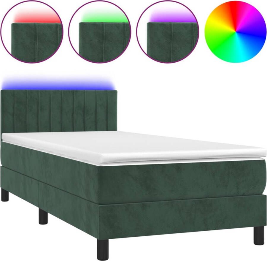 The Living Store Boxspring Bed Donkergroen Fluwelen Bedframe Pocketvering Matras Huidvriendelijk Topmatras Kleurrijke LED-verlichting Boxspring Bed Velvet Bed Frame Pocketed Spring Mattress Nachtkussen Led Lampje
