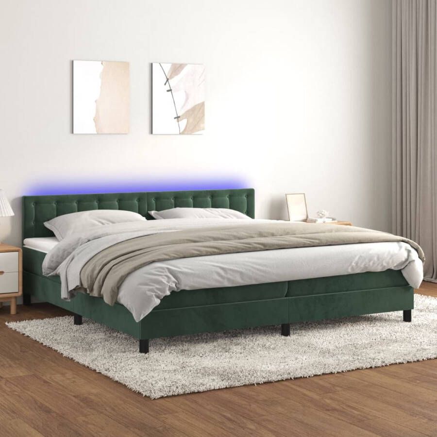 The Living Store Boxspring Donkergroen Fluweel 203x200 cm LED