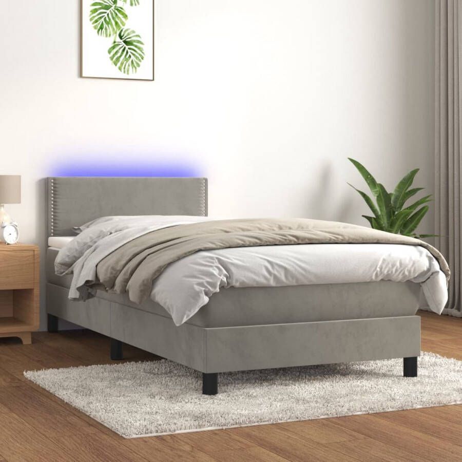 The Living Store Boxspring met matras en LED fluweel lichtgrijs 100x200 cm Boxspring Fluweel Bed Led Bed Tweepersoons Bed Slaapcomfort