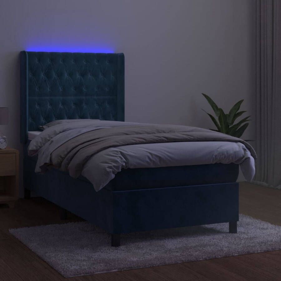 The Living Store Boxspring met matras en LED fluweel donkerblauw 100x200 cm Boxspring Led Lamp Velvet Bed Tweepersoonsbed Slaapcomfort