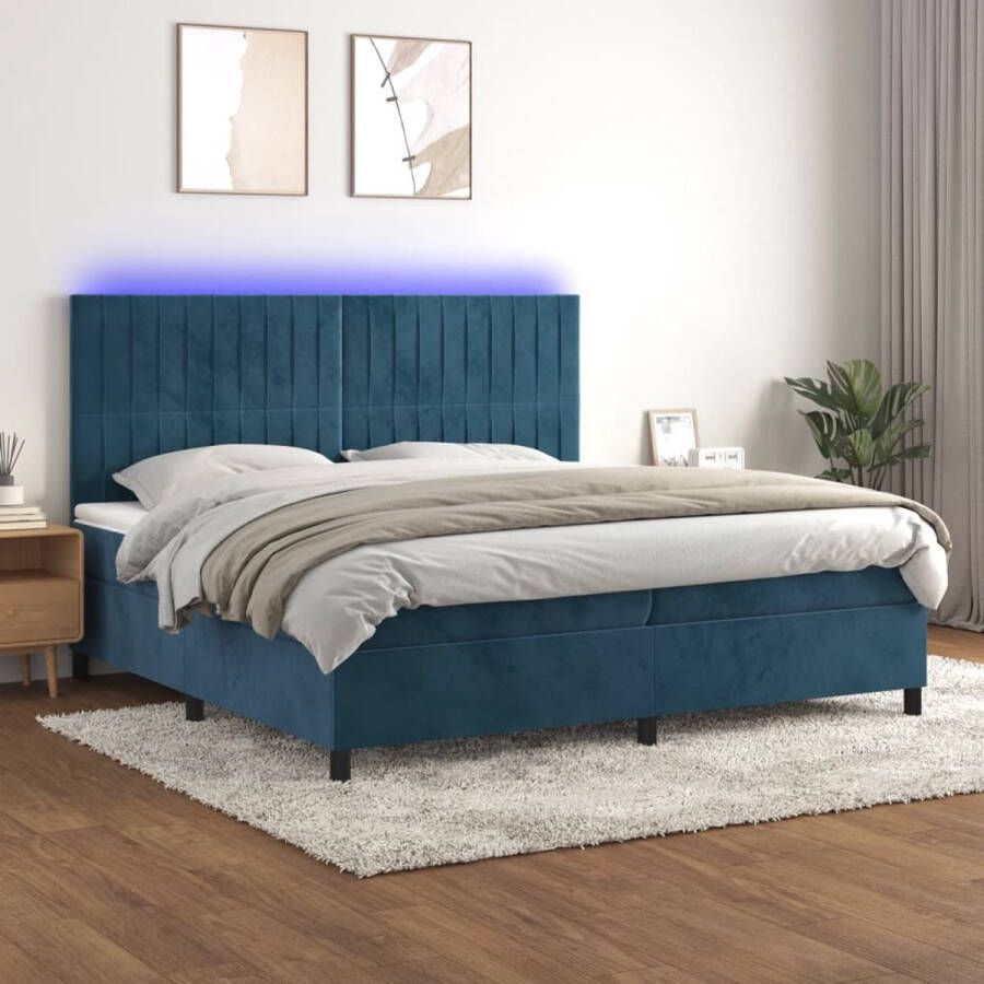 The Living Store Boxspring fluweel 203 x 200 x 118 128 cm verstelbaar hoofdbord LED-verlichting pocketvering matras huidvriendelijk topmatras donkerblauw Boxspring Fluweel Bed Leder Look Bed Tweepersoons Bed King Size Bed