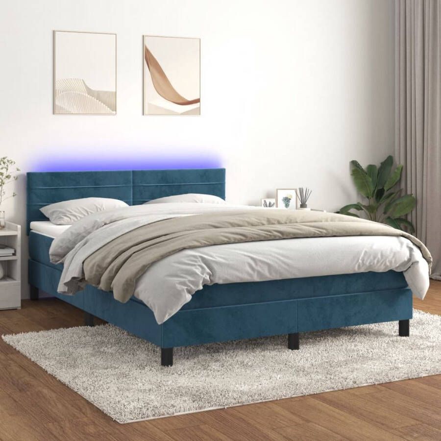 The Living Store Boxspring met matras en LED fluweel donkerblauw 140x200 cm Boxspring Fluweel Bed Led Bed Tweepersoons Bed Blauw Bed