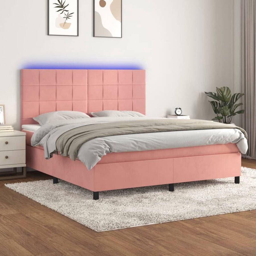 The Living Store Boxspring Fluweel Bed 180x200 cm LED-verlichting Pocketvering Matras Huidvriendelijk Topmatras