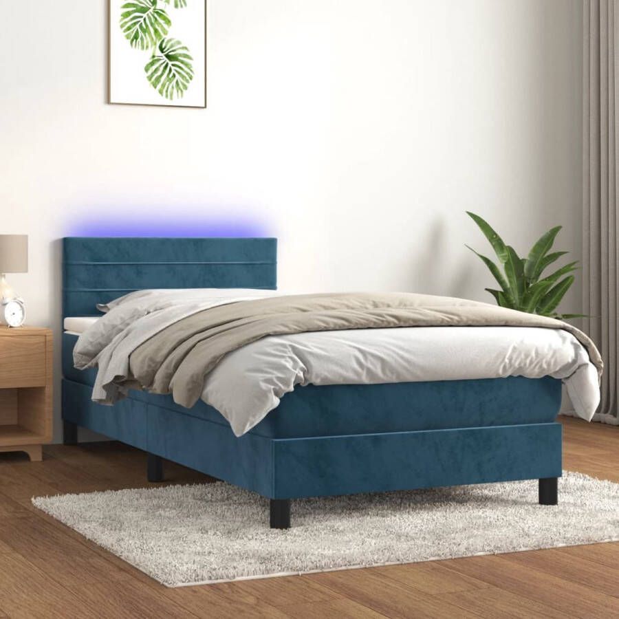 The Living Store Boxspring met matras en LED fluweel donkerblauw 100x200 cm Boxspring Led Bed Velvet Bed Donkere Blauwe Bed Tweepersoonsbed