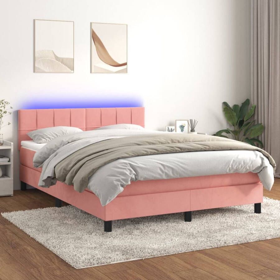 The Living Store Boxspring Fluweel LED Pocketvering Bed 193x144x78 88cm Roze
