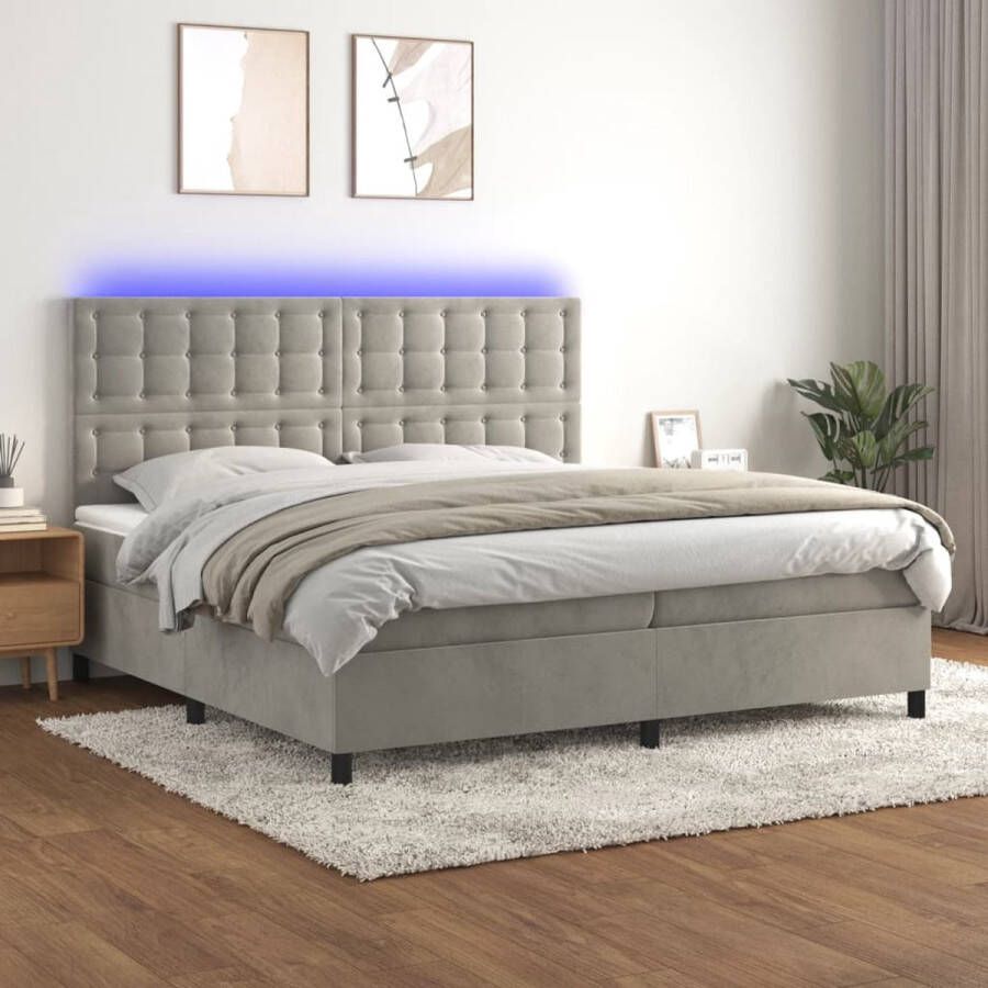 The Living Store Boxspring Fluweel LED Pocketvering Topmatras 203x200x118 128cm Lichtgrijs