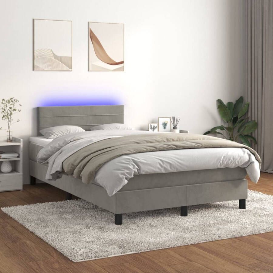 The Living Store Boxspring Fluweel LED-verlichting Pocketvering Huidvriendelijk Lichtgrijs 203x120x78 88cm 120x200x20cm 120x200x5cm 55cm LED-strip