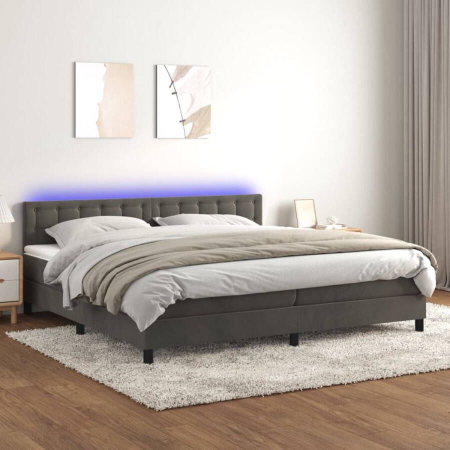 The Living Store Boxspring Fluweel Pocketvering LED 203x200x78 88 cm Donkergrijs