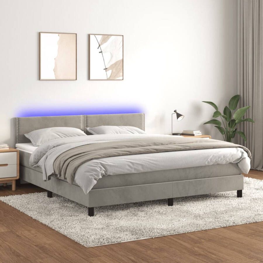 The Living Store Boxspring Fluwelen Bed met Pocketvering Matras LED-verlichting 203x180x78 88 cm Lichtgrijs