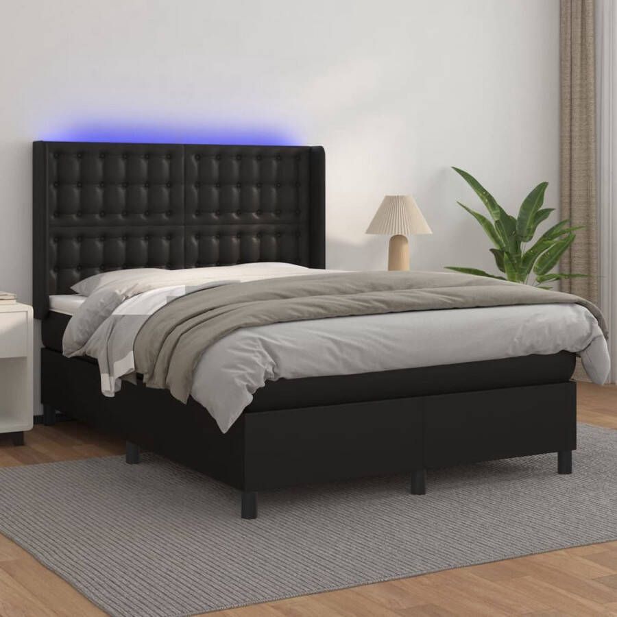 The Living Store Boxspring met matras en LED kunstleer zwart 140x200 cm Boxspring Boxsprings Bed Slaapmeubel Boxspringbed Boxspring Bed Tweepersoonsbed Bed Met Matras Bedframe Ledikant Bed Met LED