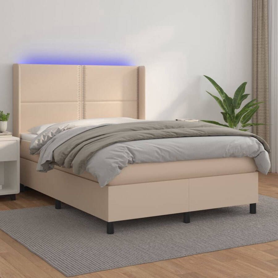 The Living Store Boxspring met matras en LED kunstleer cappuccinokleur 140x200cm Boxspring Lederlook Bruine Boxspring Led Boxspring Met Led