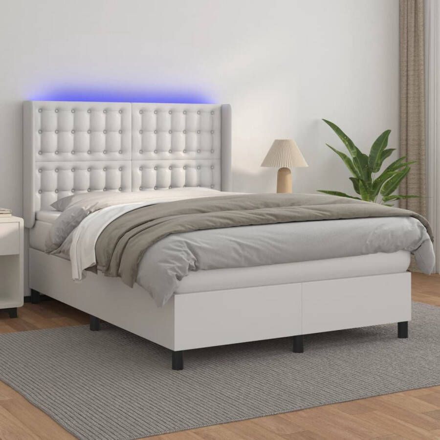 The Living Store Boxspring Kunstleer 140x190 cm LED verlichting Pocketvering matras Topmatras Wit Boxspring Led Bed Kunstleder Bed Tweepersoonsbed Groot Bed