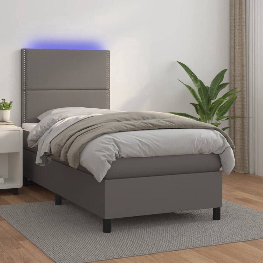 The Living Store Boxspring Kunstleren bedframe 203x90cm Met verstelbaar hoofdbord LED-verlichting en pocketvering matras Grijs Boxspring Lederlook Bed Elektrisch Bed Led Lampen Slaapcomfort