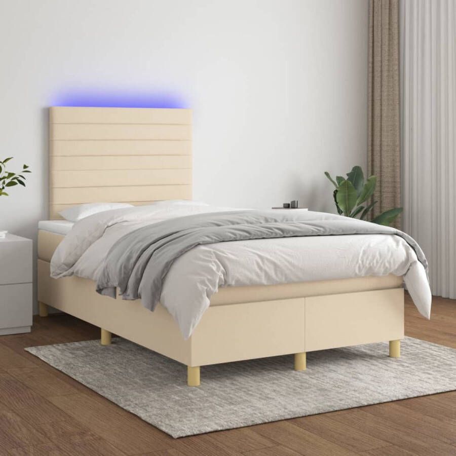 The Living Store Boxspring met matras en LED stof crèmekleurig 120x200 cm Boxspring Led Lamp Creme Kleurig Tweepersoonsbed Boxspring Frame