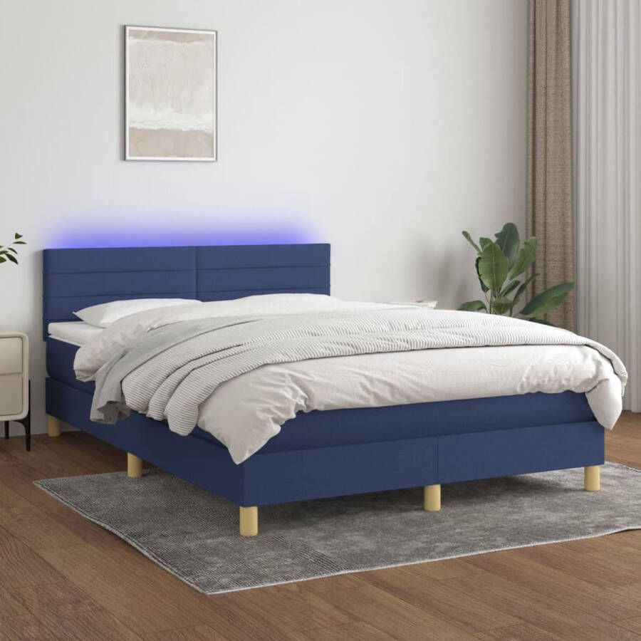 The Living Store Boxspring LED- 140 x 200 cm blauw stof verstelbaar hoofdbord pocketvering matras huidvriendelijk topmatras kleurrijke LED-verlichting