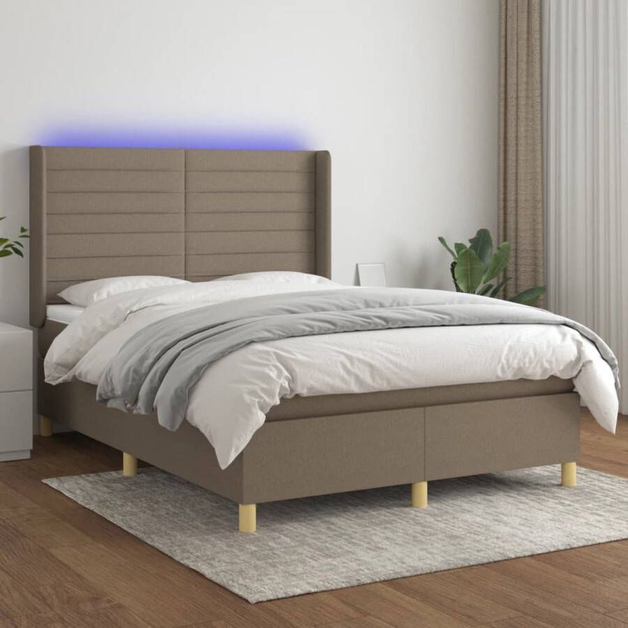 The Living Store Boxspring Bed LED 203 x 147 x 118 128 cm Taupe Pocketvering Matras Huidvriendelijk Topmatras Inclusief LED-strips Boxspring Bed Led Bed Slaapcomfort Pocketed Spring Mattress Taupecolor