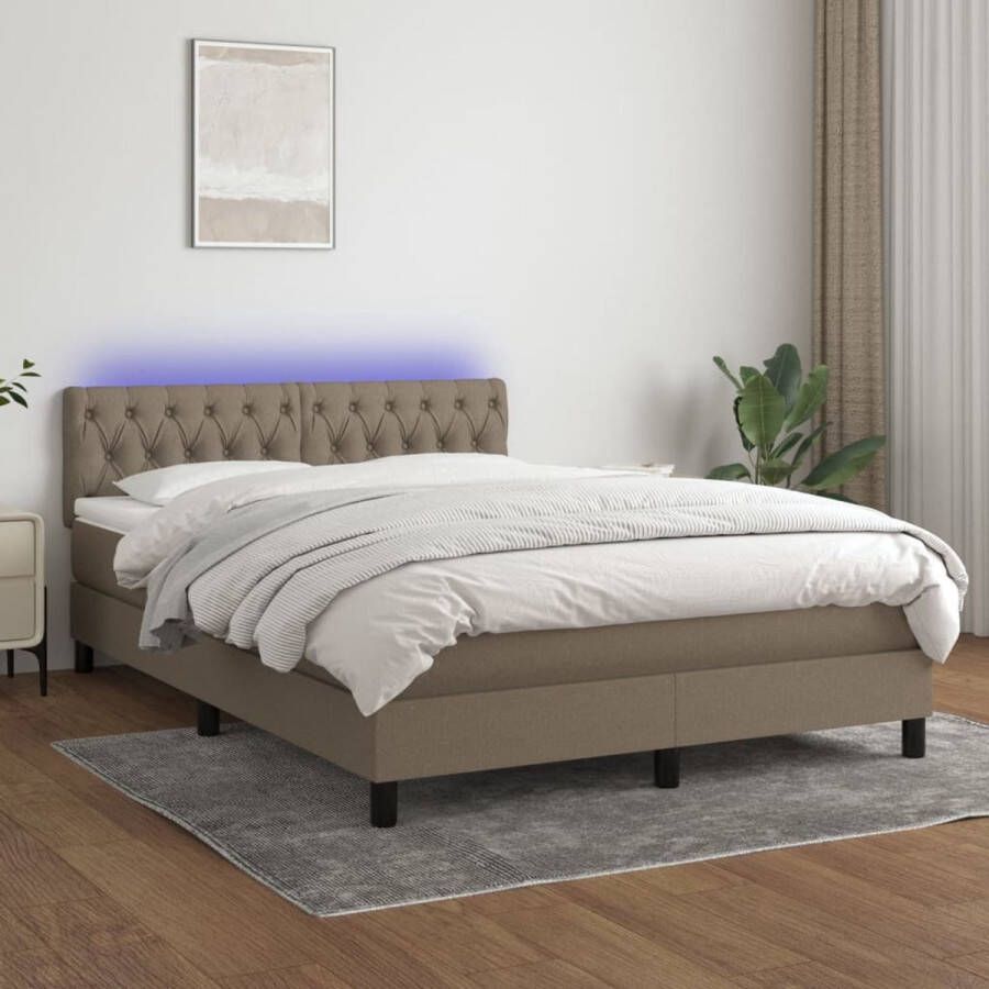 VidaXL Boxspring met matras en LED Stof Taupe 140x190 cm Boxspring Led Bed Verstelbare Hoofdbord Pocketvering Matras Taupe Bed