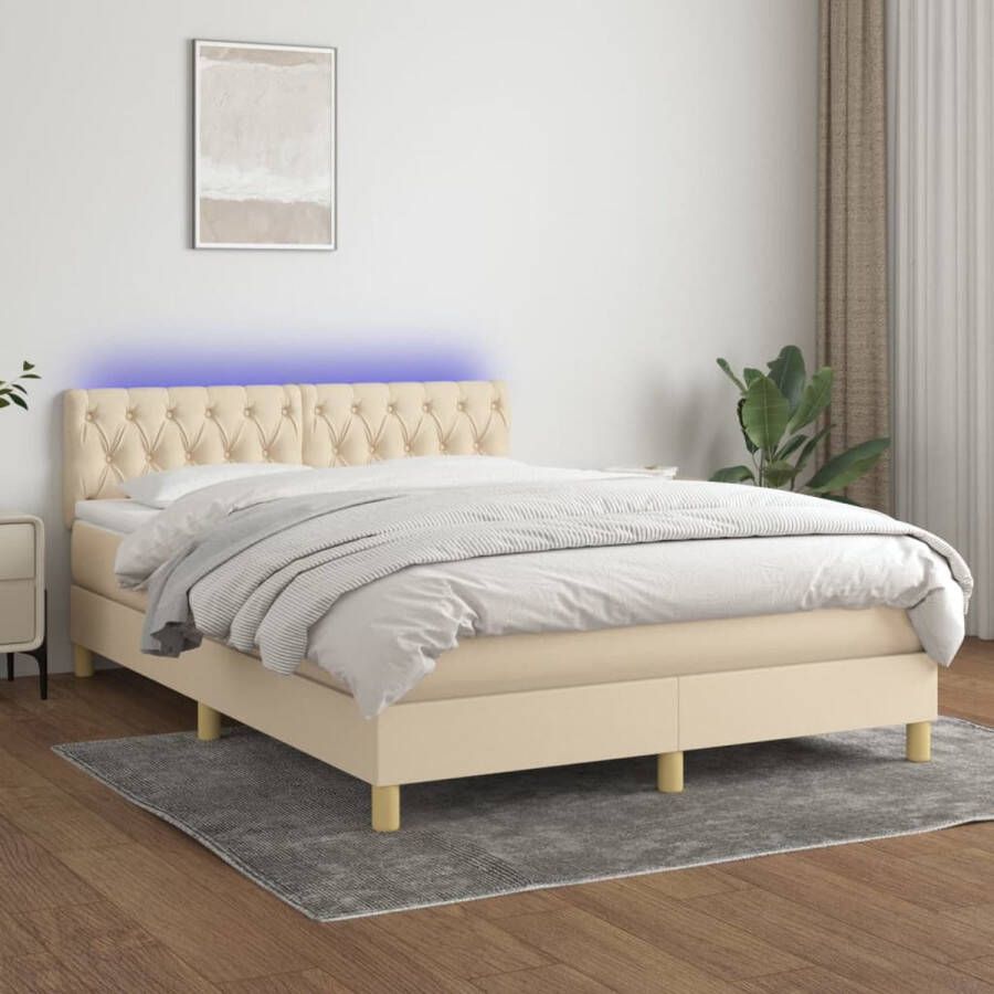 The Living Store Boxspring LED 203 x 144 x 78 88 cm crème 140 x 200 x 20 cm bedmatras wit en crème 140 x 200 x 5 cm bedtopmatras LED-strip 55 cm IP65 inclusief accessoires