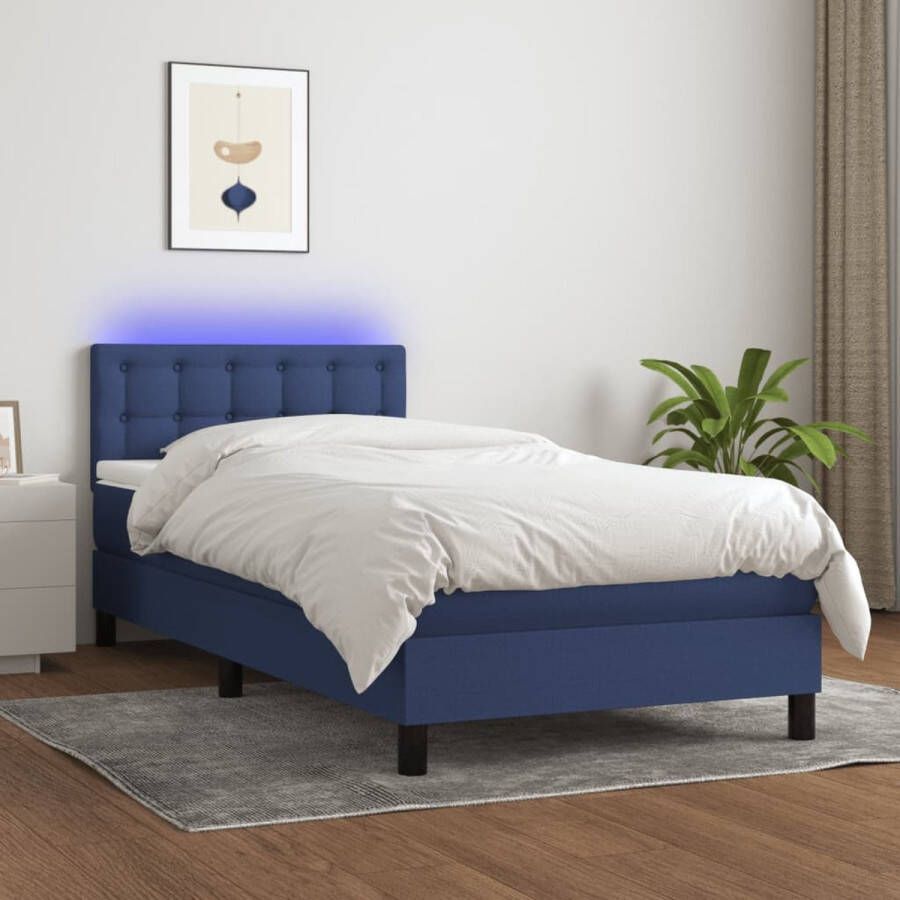 The Living Store Boxspring LED 203 x 80 x 78 88 cm Blauw stof Hoofdbord verstelbaar Pocketvering matras Huidvriendelijk topmatras