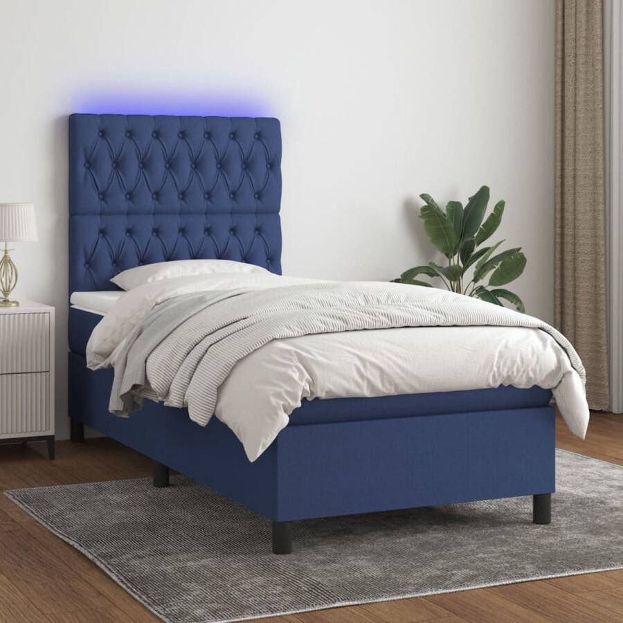 The Living Store Boxspring met matras en LED stof blauw 90x200 cm Boxspring Boxsprings Bed Slaapmeubel Boxspringbed Boxspring Bed Tweepersoonsbed Bed Met Matras Bedframe Ledikant Bed Met LED