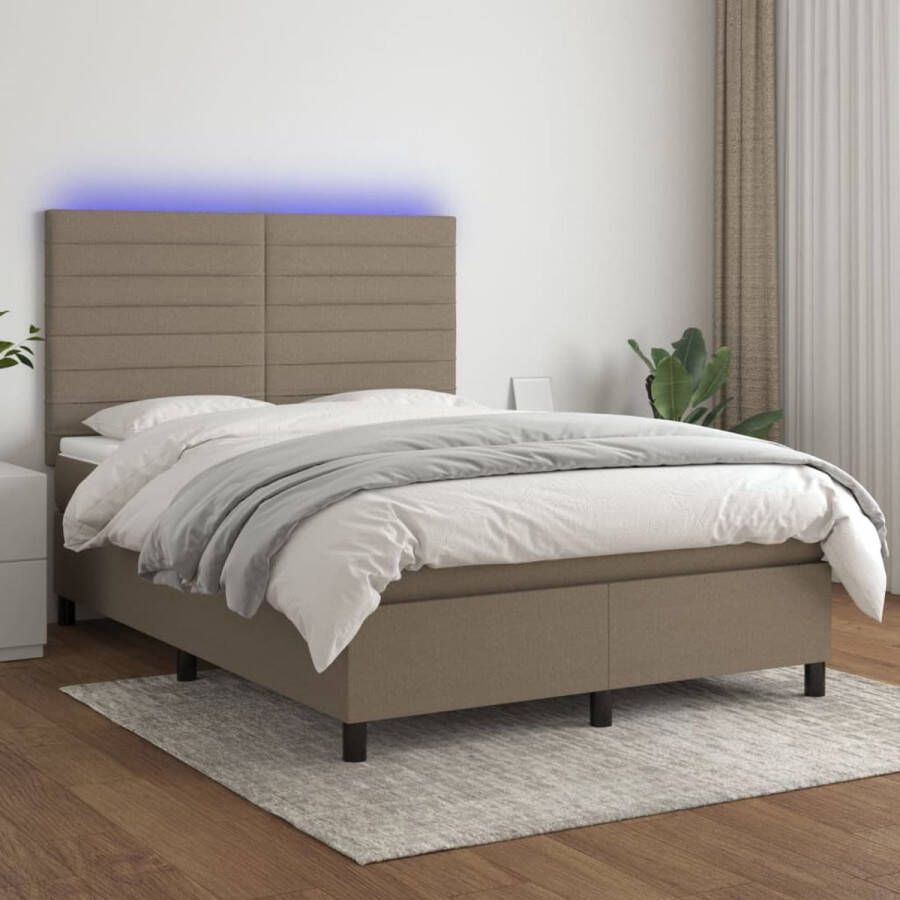 The Living Store Boxspring Led 203x144x118 128 cm Duurzaam en Comfortabel Inclusief Matras en Topmatras Kleur Taupe Boxspring Led Bed Slaapcomfort Taupecleur Tweepersoonsbed