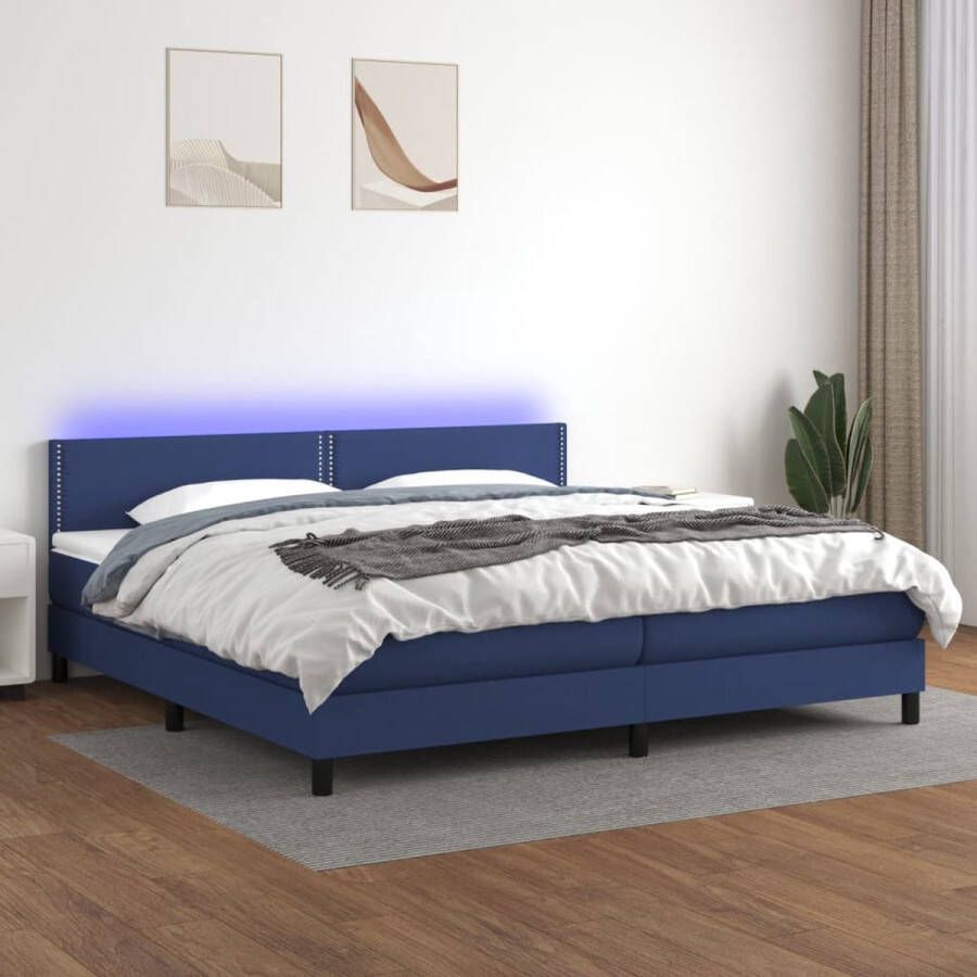 The Living Store Boxspring LED 203x200 cm blauw stof 100% polyester pocketvering matras huidvriendelijk topmatras verstelbaar hoofdbord kleurrijke LED-verlichting Duurzaam materiaal