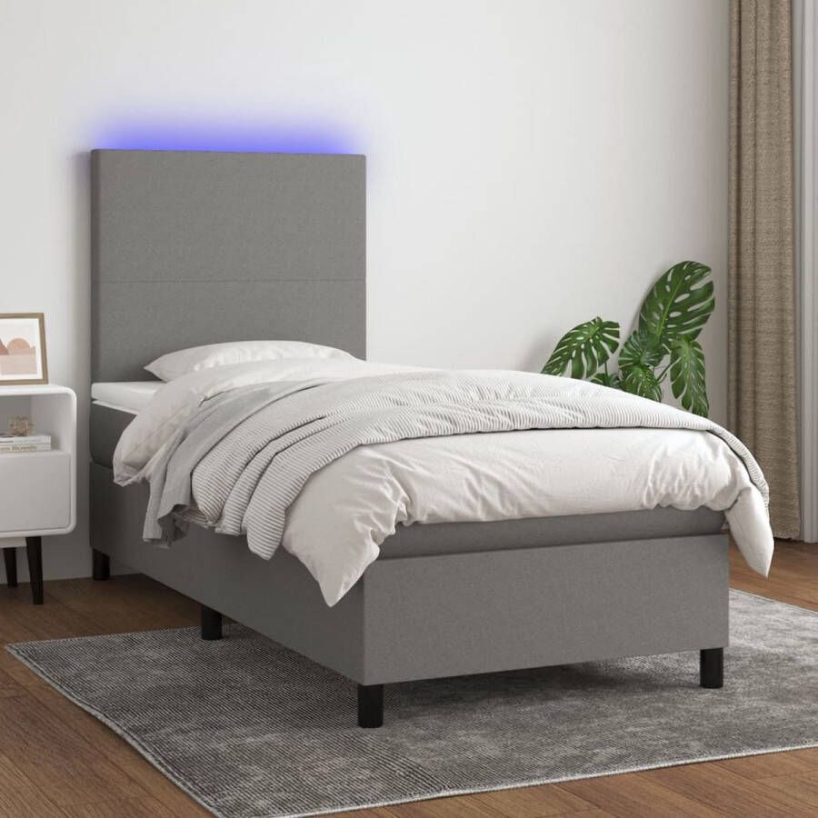 The Living Store Boxspring LED 203x80x118 128 donkergrijs stof pocketvering huidvriendelijk Boxspring Led Bed Boxspring Met Led Grijs Bed Tweepersoonsbed