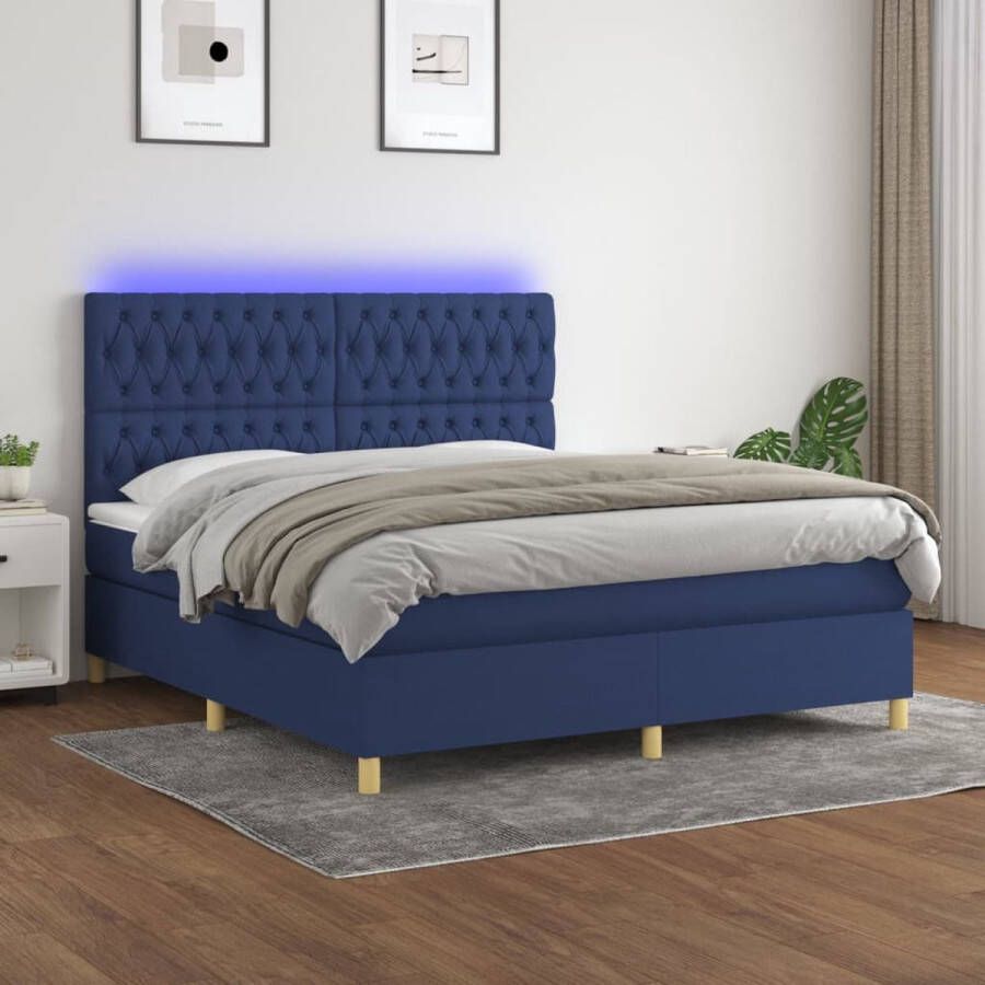 The Living Store Boxspring LED Blauw 180x200 cm Pocketvering matras Huidvriendelijk topmatras