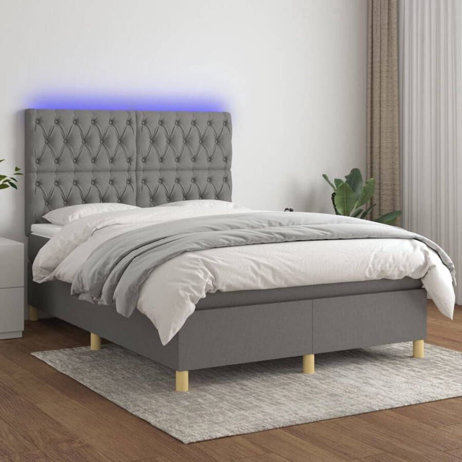 The Living Store Boxspring met matras en LED stof donkergrijs 140x190 cm Boxspring Led Bed Donkere Kleuren Tweepersoonsbed Pocketed Veren
