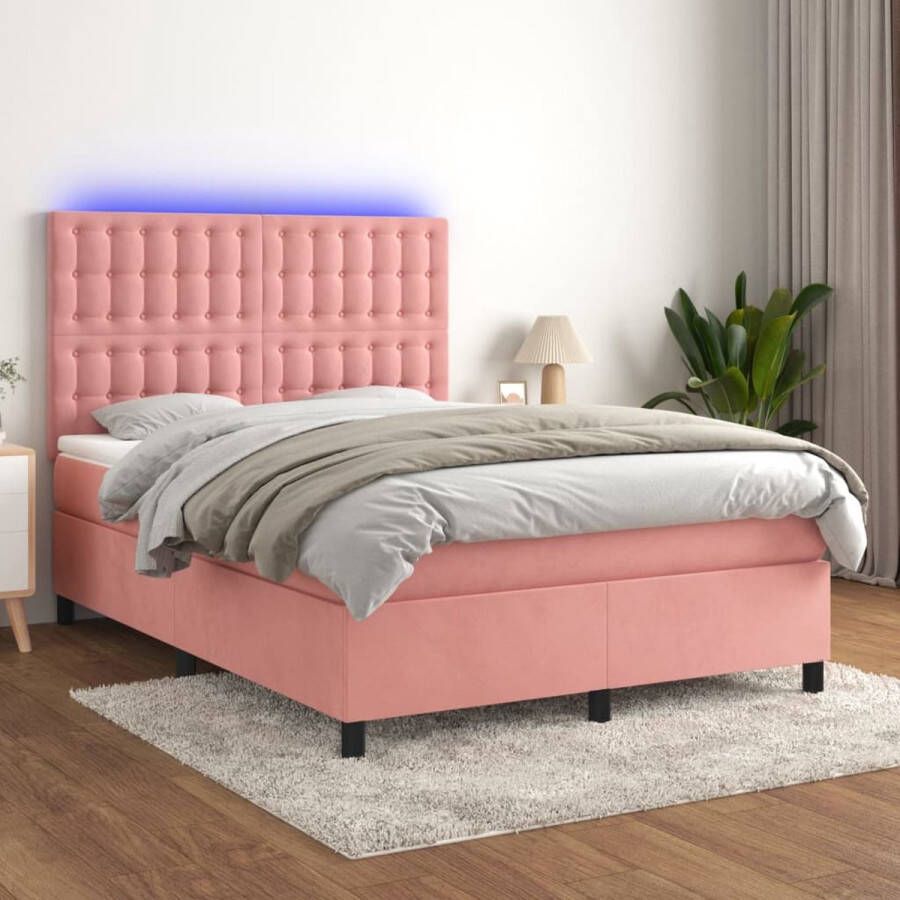 The Living Store Boxspring LED Fluweel Hoofdbord verstelbaar Pocketvering matras Huidvriendelijk topmatras Roze Bed 203x144x118 128 cm