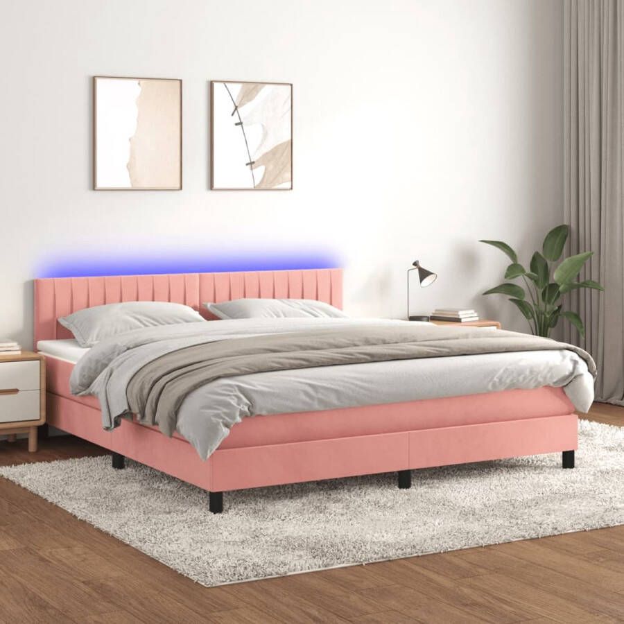The Living Store Boxspring LED Fluweel Verstelbaar hoofdbord Pocketvering Huidvriendelijk Roze 203 x 160 x 78 88 cm