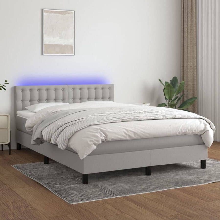 The Living Store Boxspring LED Lichtgrijs 193x144x78 88 cm Pocketvering matras Boxspring Led Bed Slaapcomfort Pocketed Spring Mattress Grijs Bed