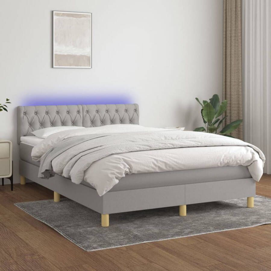 The Living Store Boxspring met matras en LED stof lichtgrijs 140x200 cm Boxspring Led Boxspring Slaapcomfort Pocketed Veren Grijs Bed